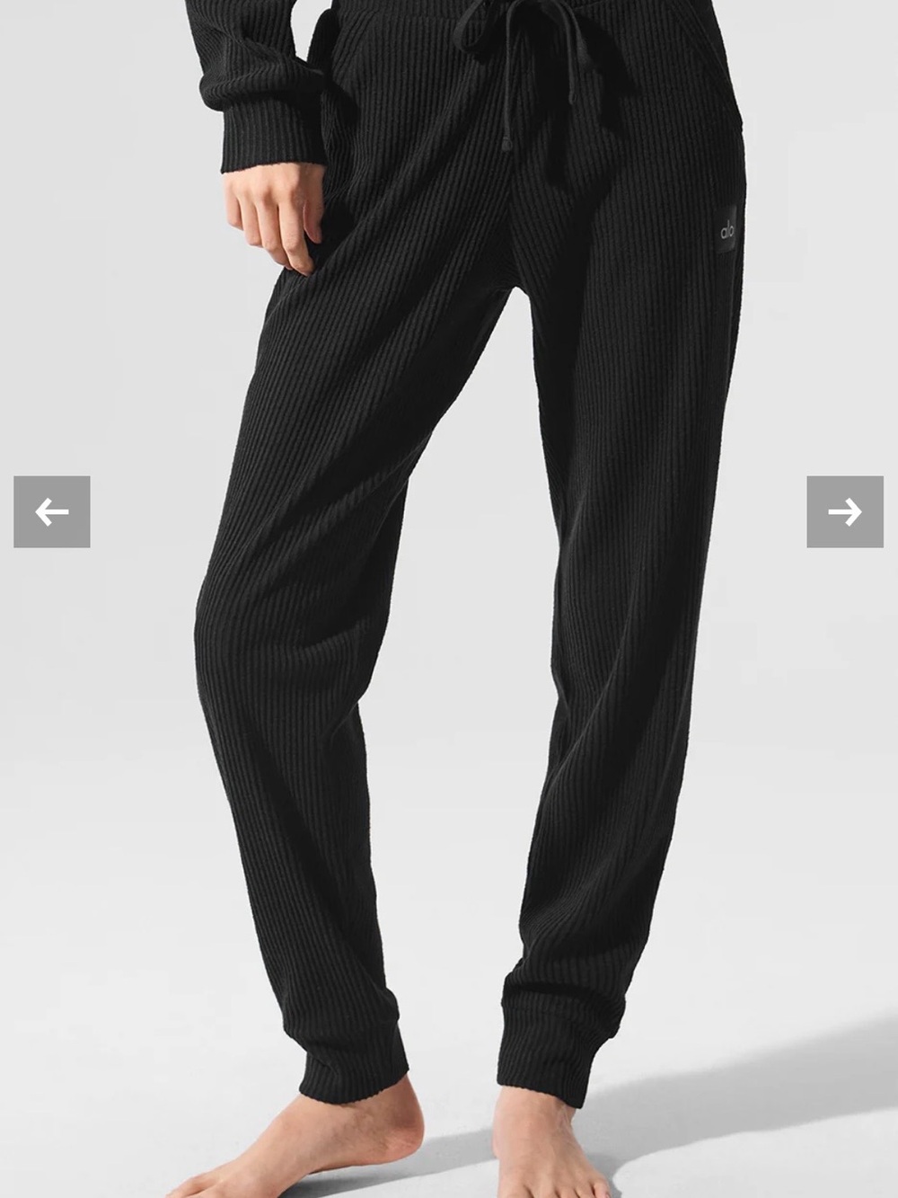 ALO Yoga Black Ribbed Tie-Waist Joggers with Cuffed Ankles